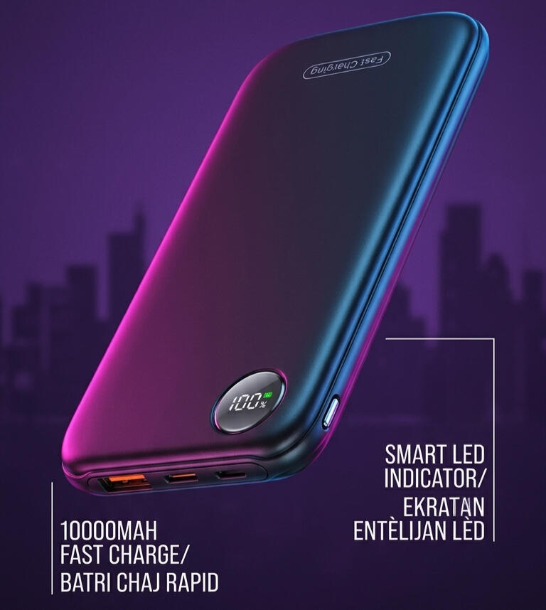Ultra-Slim 10000mAh Smart Power Bank – LED Display Fast Charging Portable Battery